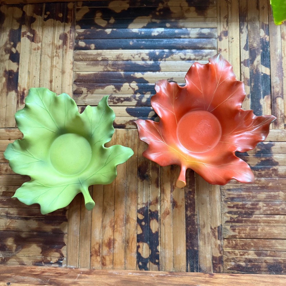 PartyLite Leaf Candle Holders Set 2 Orange Green Excellent Autumn Decor - Picture 1 of 5
